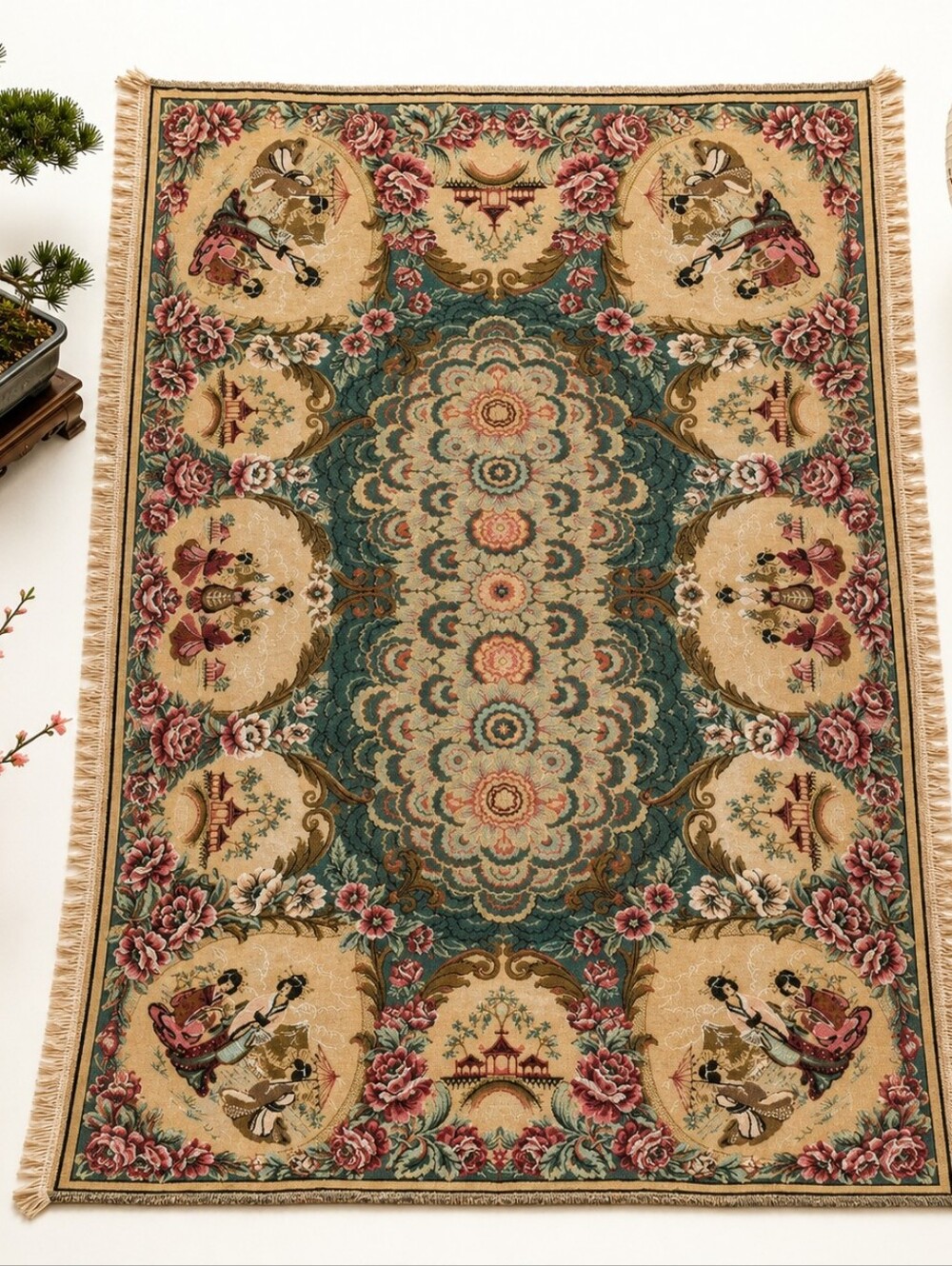 Vintage Asian Tapestry Throw Blanket Fringe 79x55
